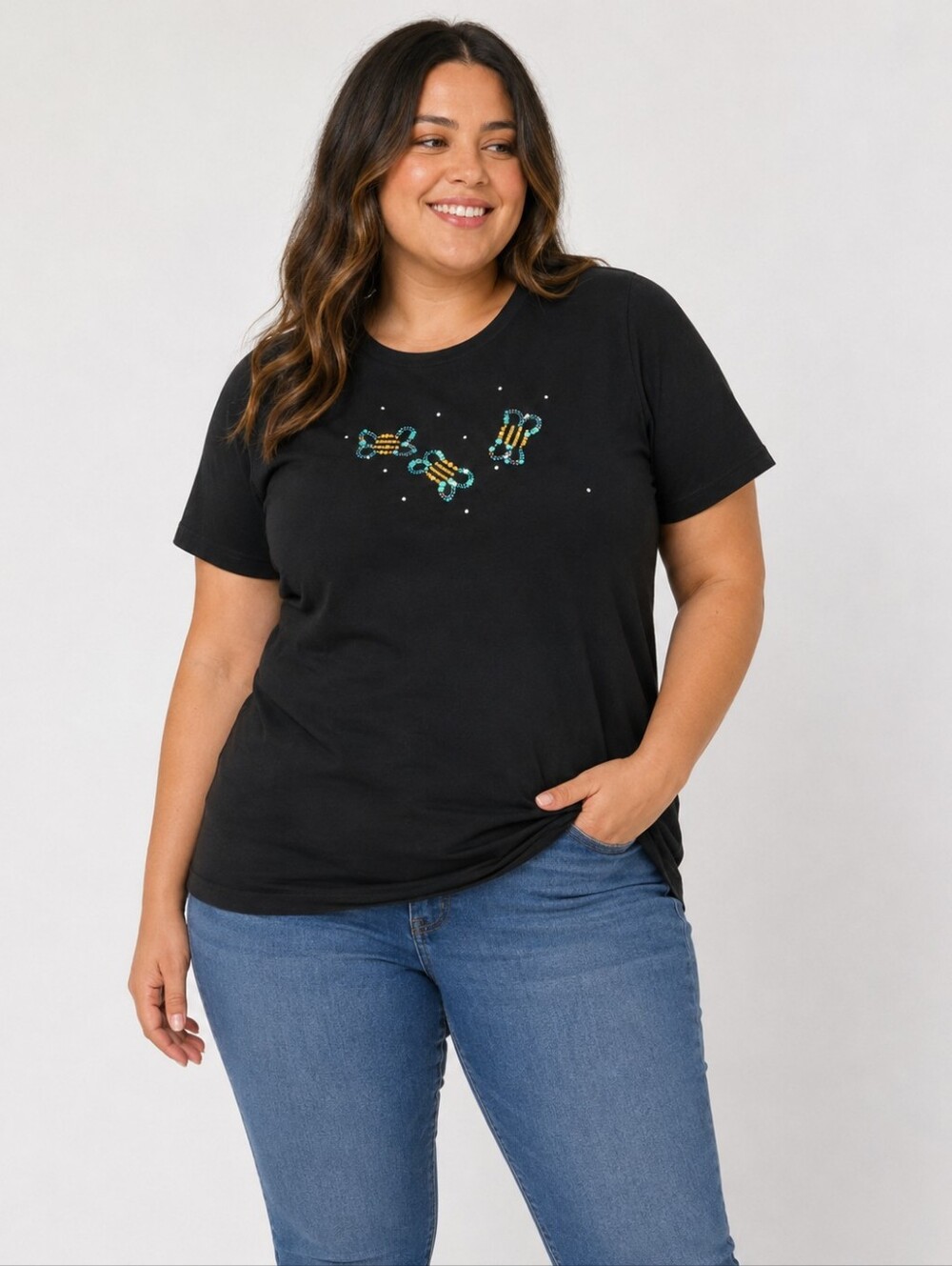 Quacker Factory Women's Black Bumblebee Embellished Sequin Top Shirt 1x New